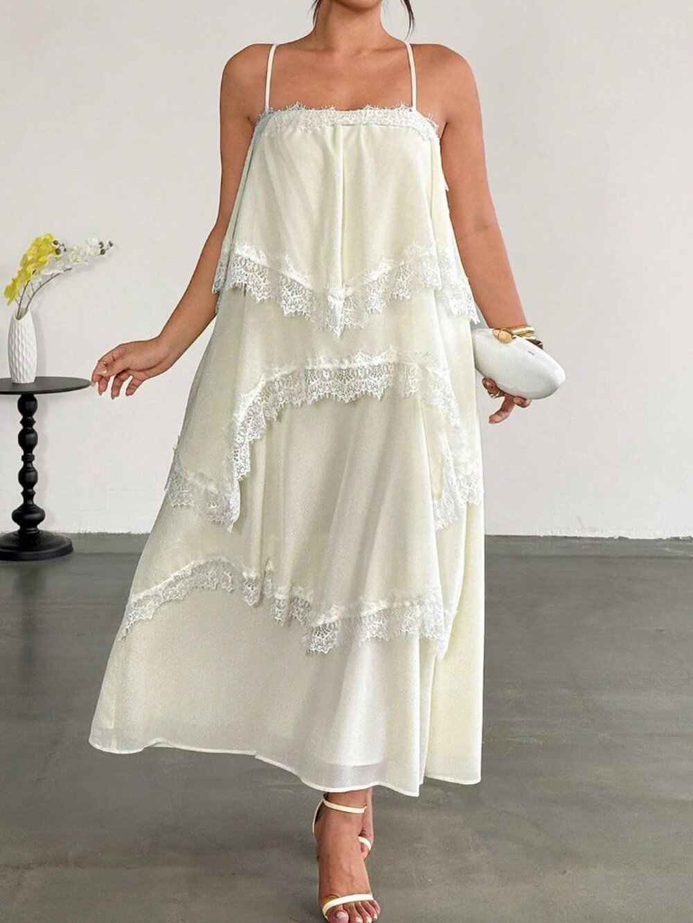 Apricot Elegant Women's Ruched Contrast Lace Spaghetti Strap Tiered Dress - Picture 7 of 8